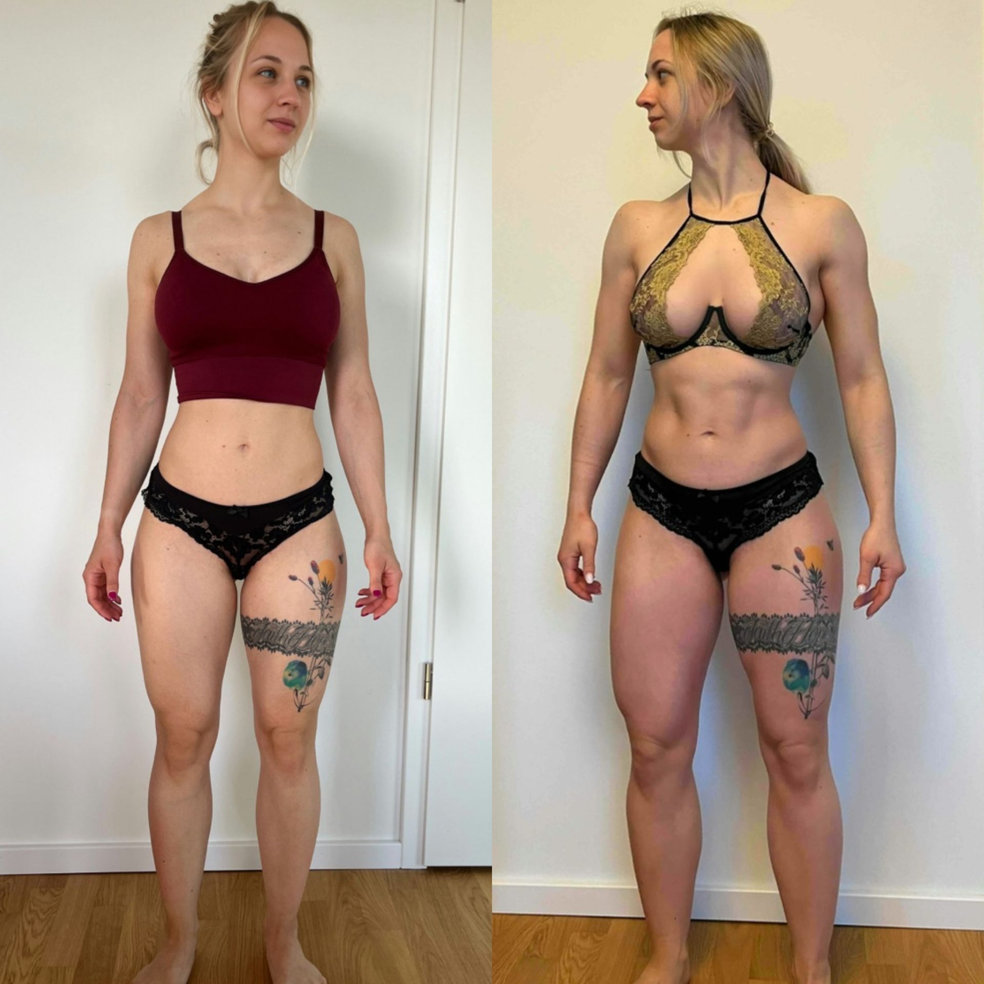 A before and after photo of a woman.