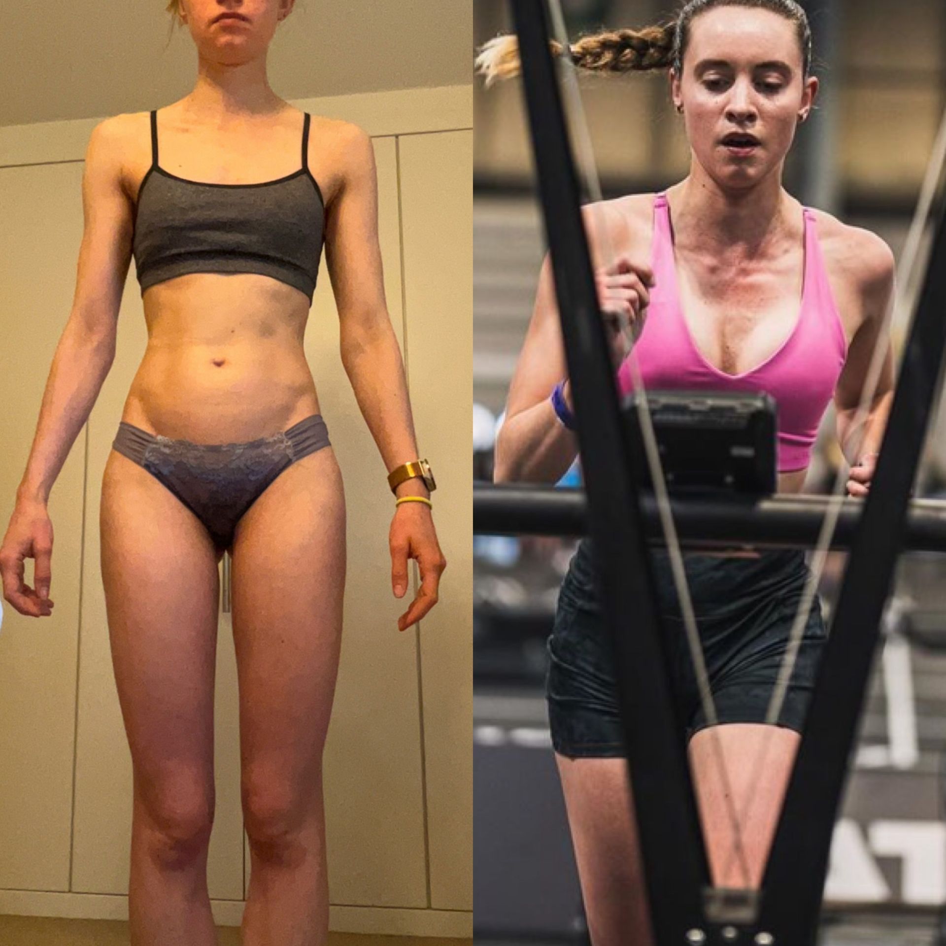 A before and after photo of a woman.