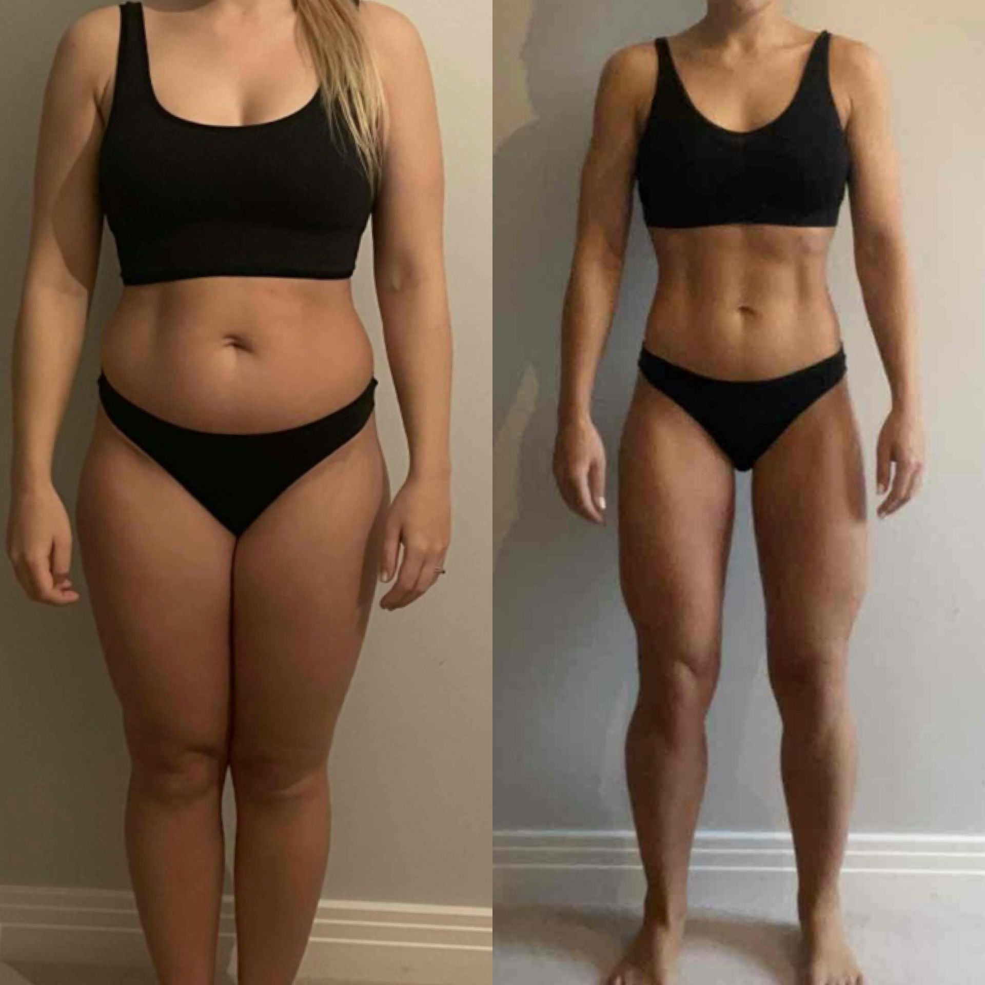 A before and after photo of a woman.