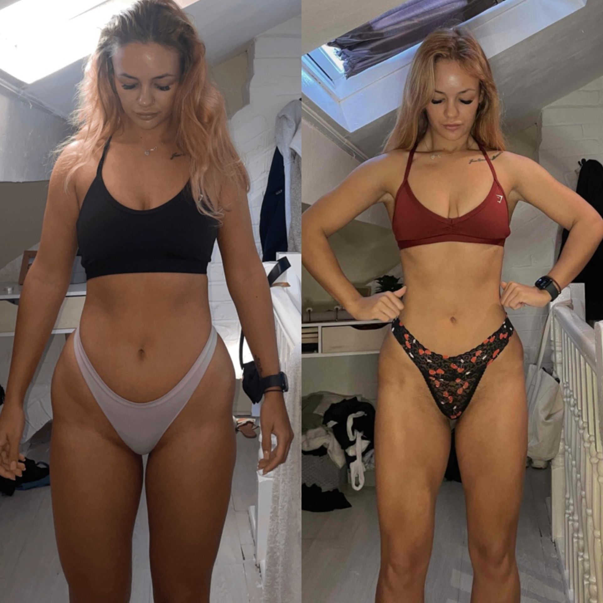 A before and after picture of a woman in a bikini.