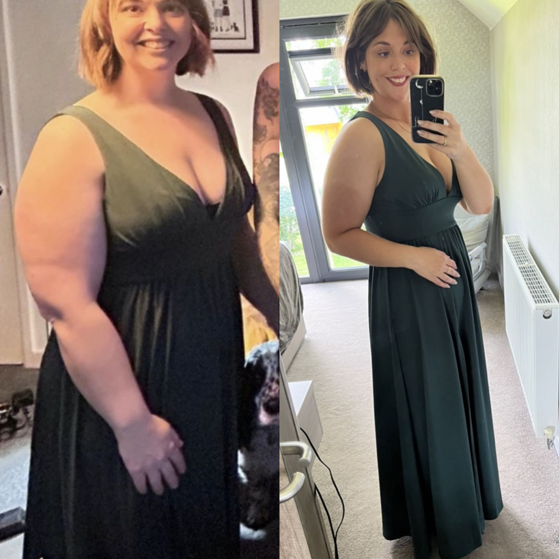 A before and after photo of a woman in a dress taking a selfie.