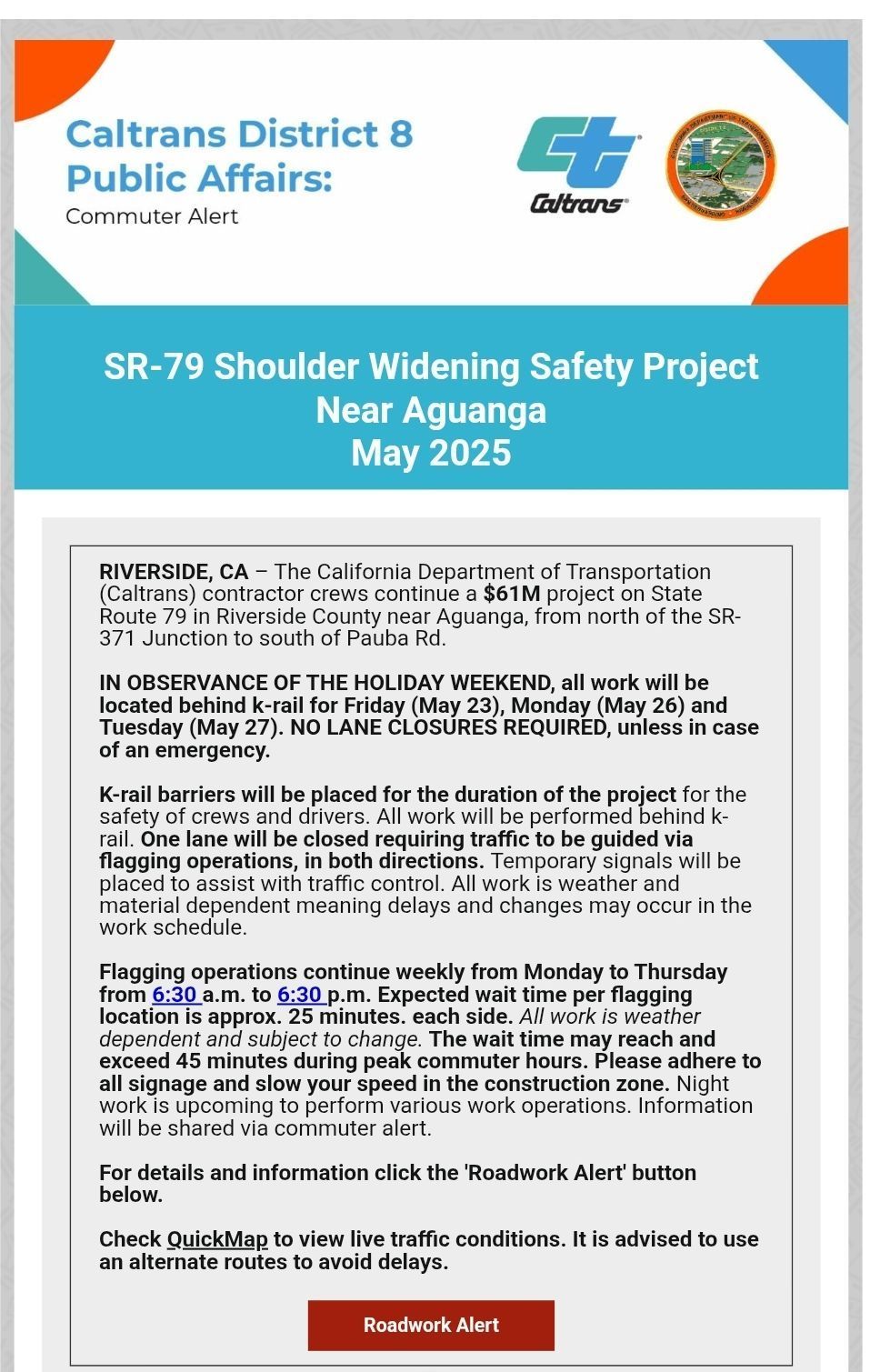 Caltrans Distric 8 Public Affairs Commuter Alert SR-79 Shoulder Widening Safety Project Near Aguanga May 2025
