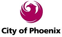 The city of phoenix logo is a pink phoenix with a swirl around it.