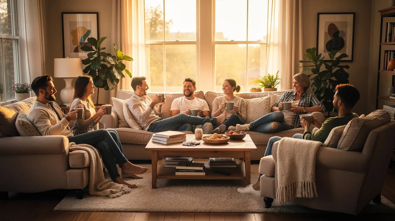 A group of people is relaxing together in a cozy living room, enjoying each other's company in a comfortable setting. The atmosphere suggests a focus on wellness and connection, possibly related to their health journeys, including discussions about mobile IV therapy and its benefits for overall well-being.