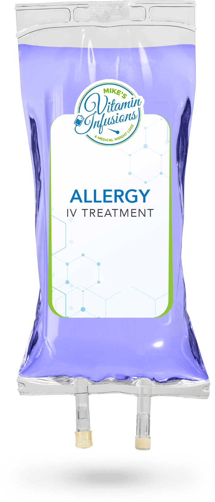 IV bag containing allergy treatment, blue liquid, white label with text.