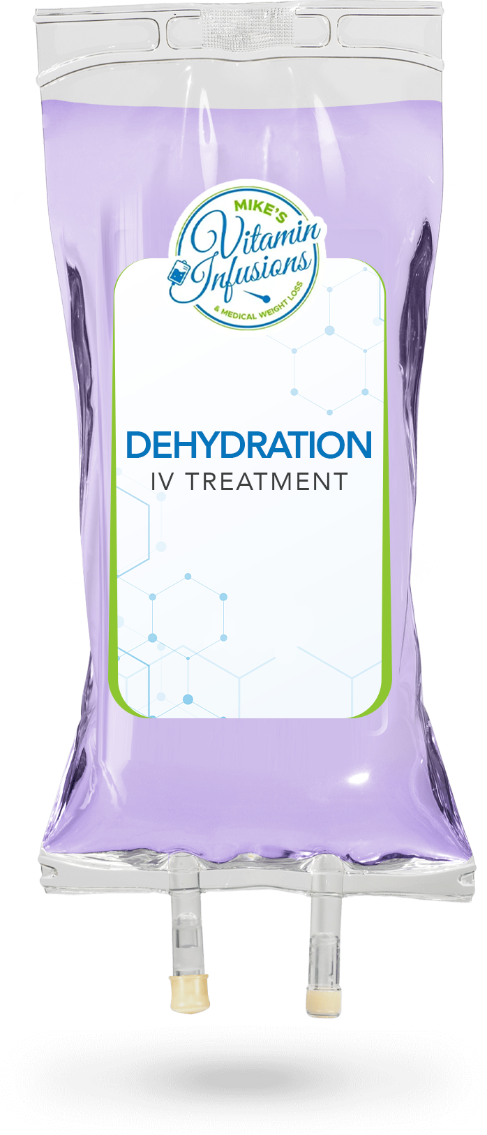 IV bag containing a light purple liquid. Label reads