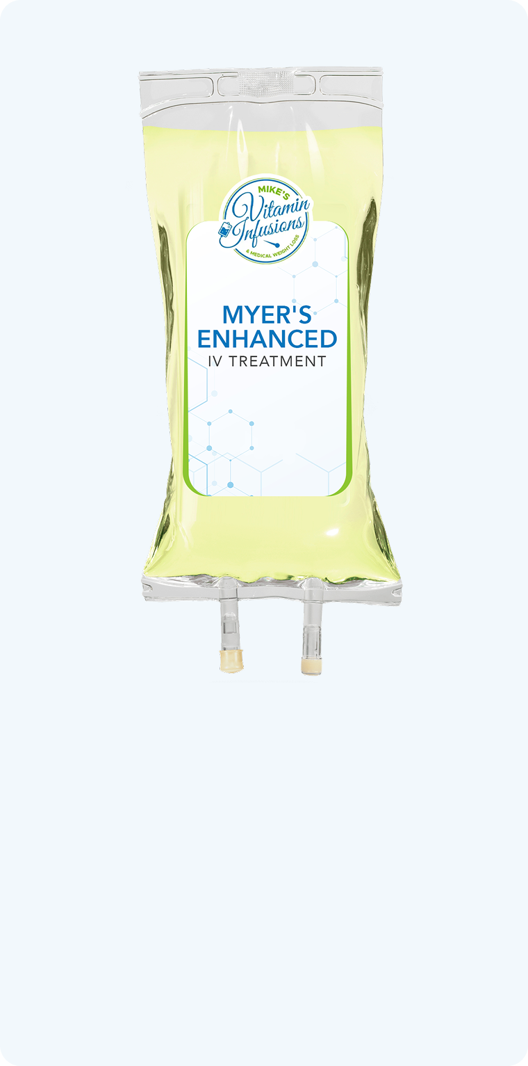 IV bag labeled "Myers Essentials" with blue liquid.