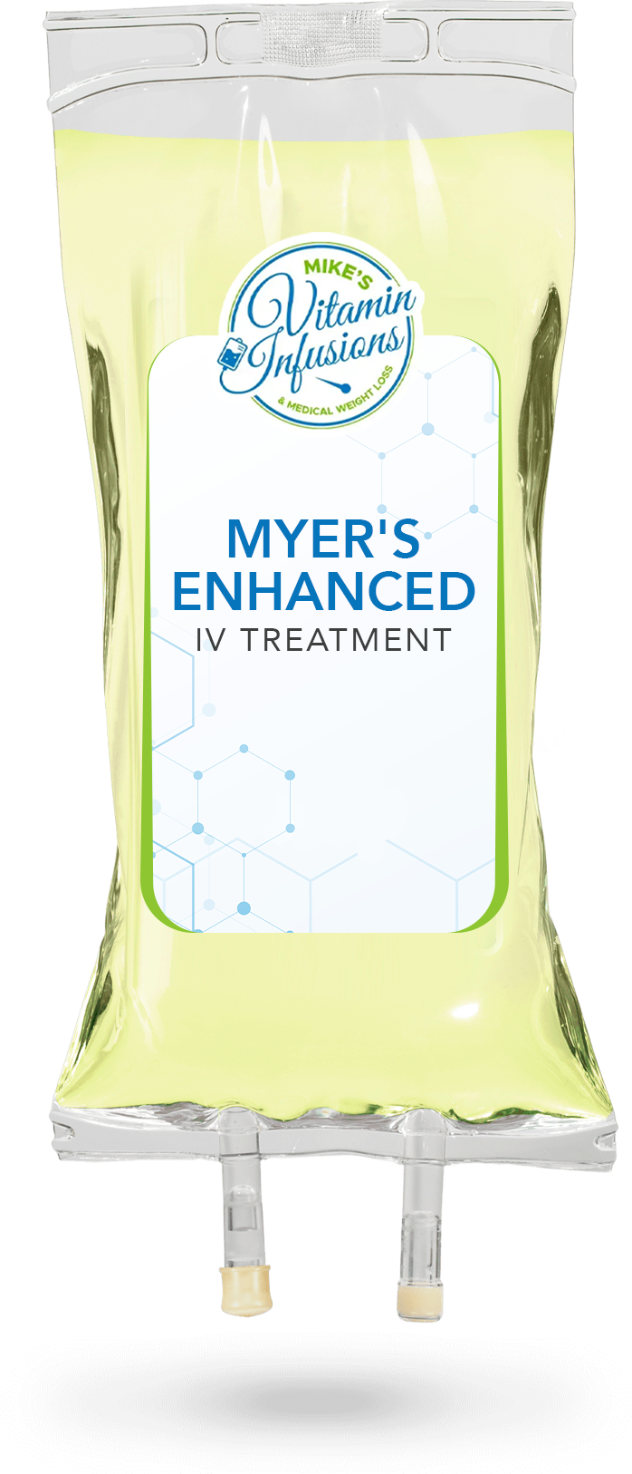 IV bag labeled "Myer's Enhanced" with light yellow liquid, on a white background.