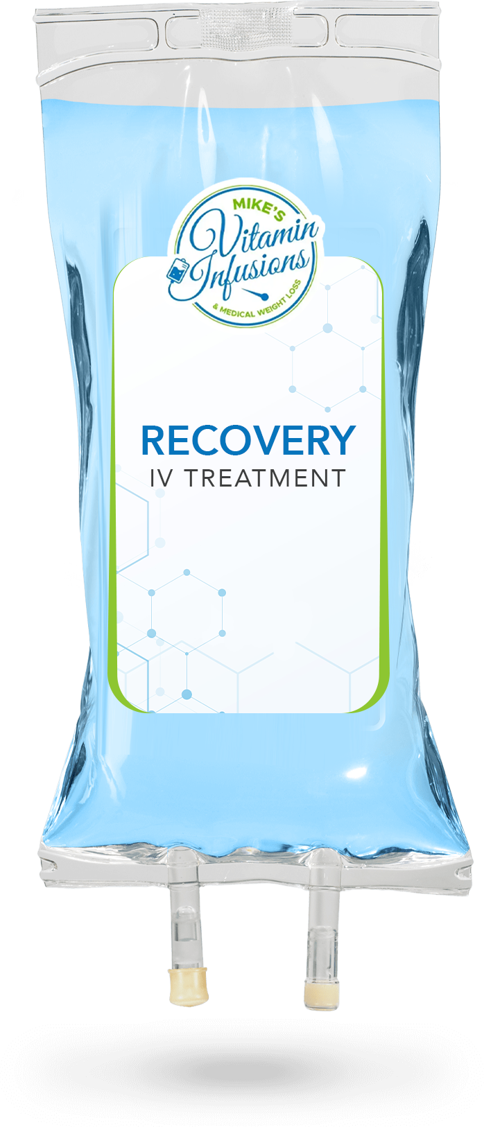IV bag for recovery treatment. Blue liquid, white label, green border.