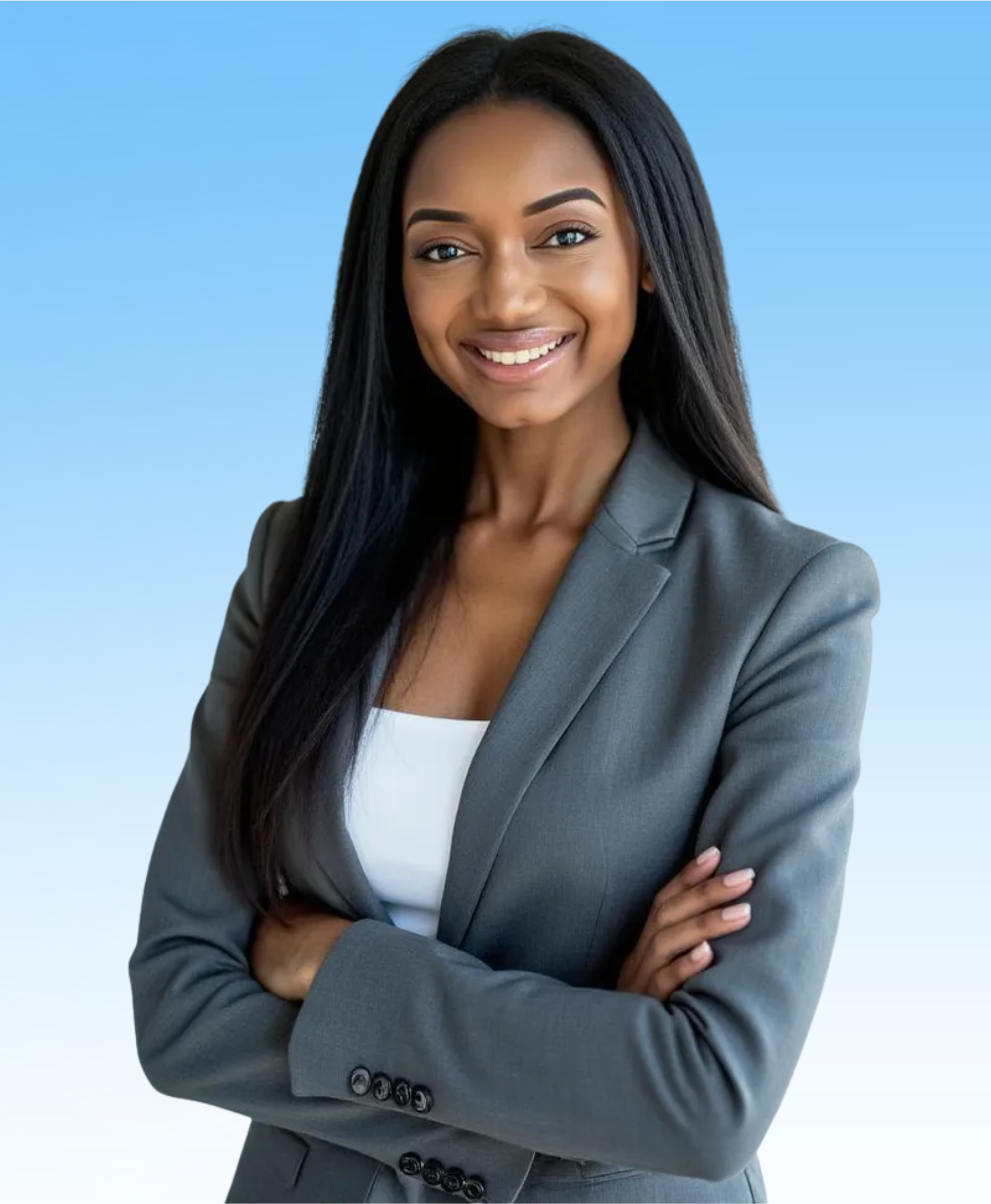 Smiling professional with long dark hair, wearing a grey blazer over a white top, arms crossed, against a blue background.
