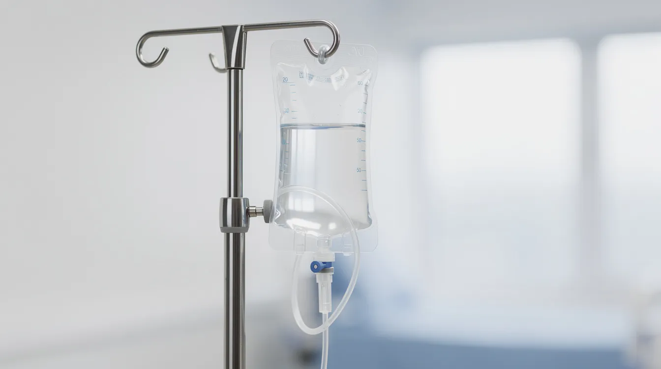 An IV bag filled with clear fluids hangs from a portable stand, connected by clear tubing, ready to provide essential IV hydration therapy for patients in need of medical treatment. This setup reflects the convenience of mobile IV services, allowing for effective therapy in various locations.