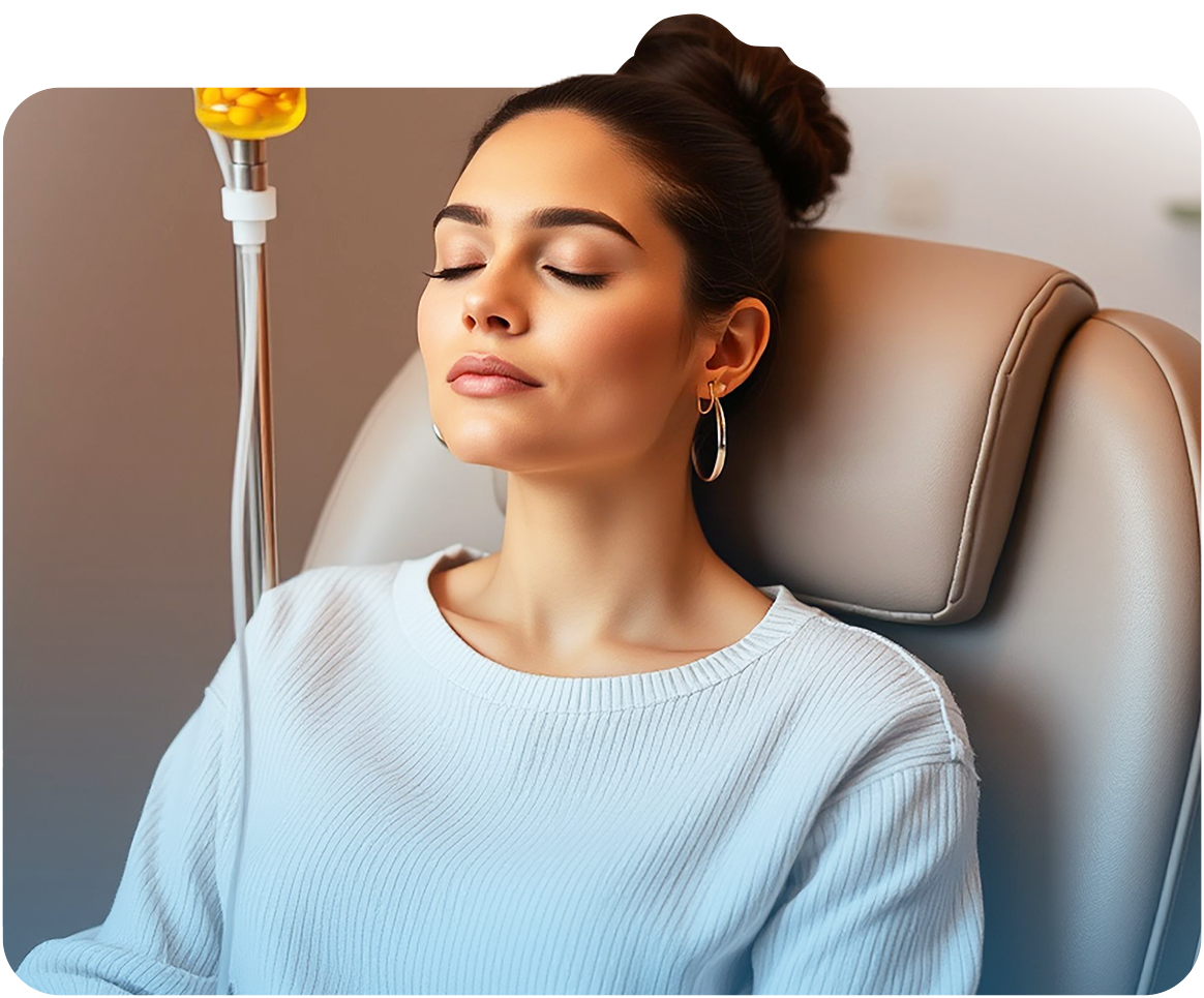 Woman relaxing in a clinic chair while receiving IV therapy.