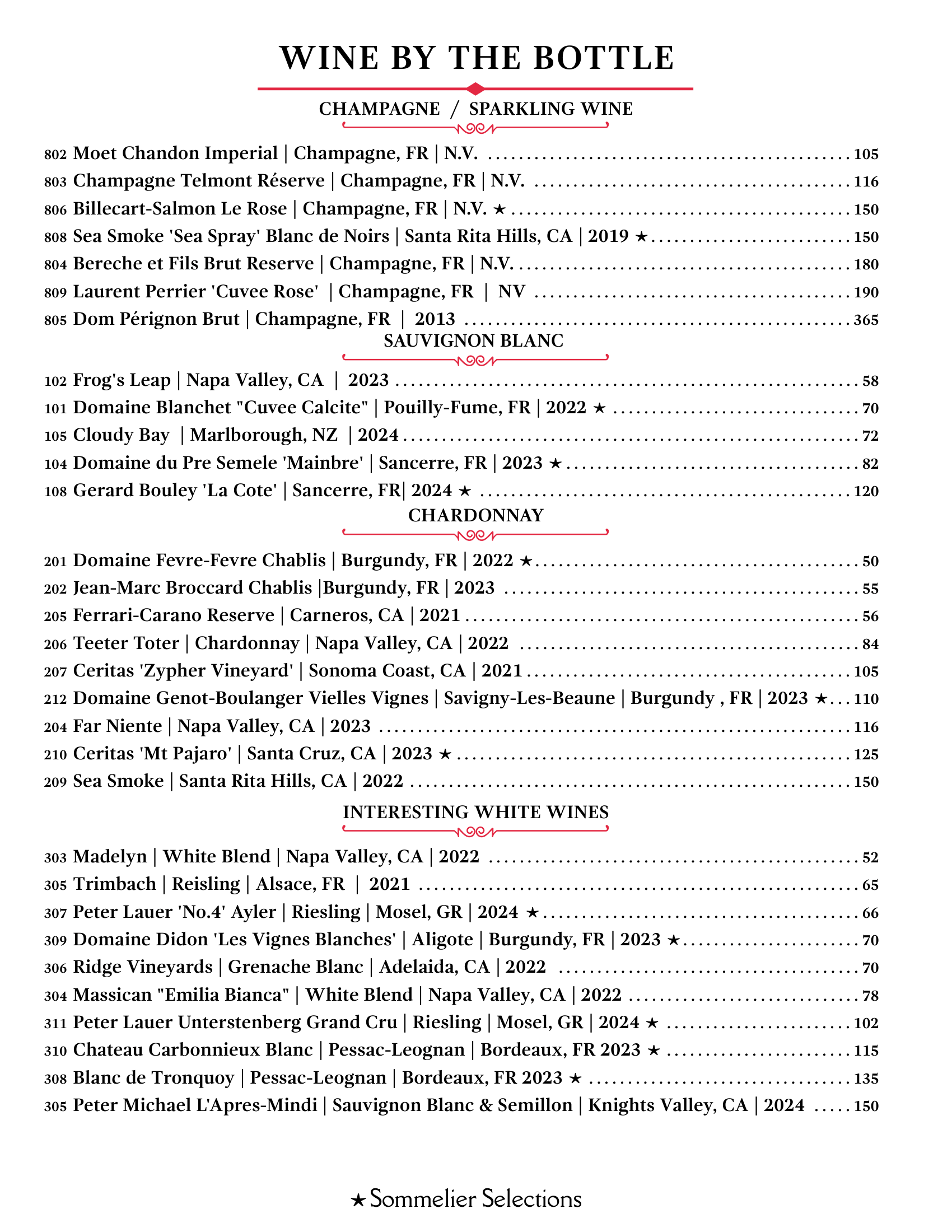 A menu for a restaurant called wine by the bottle.