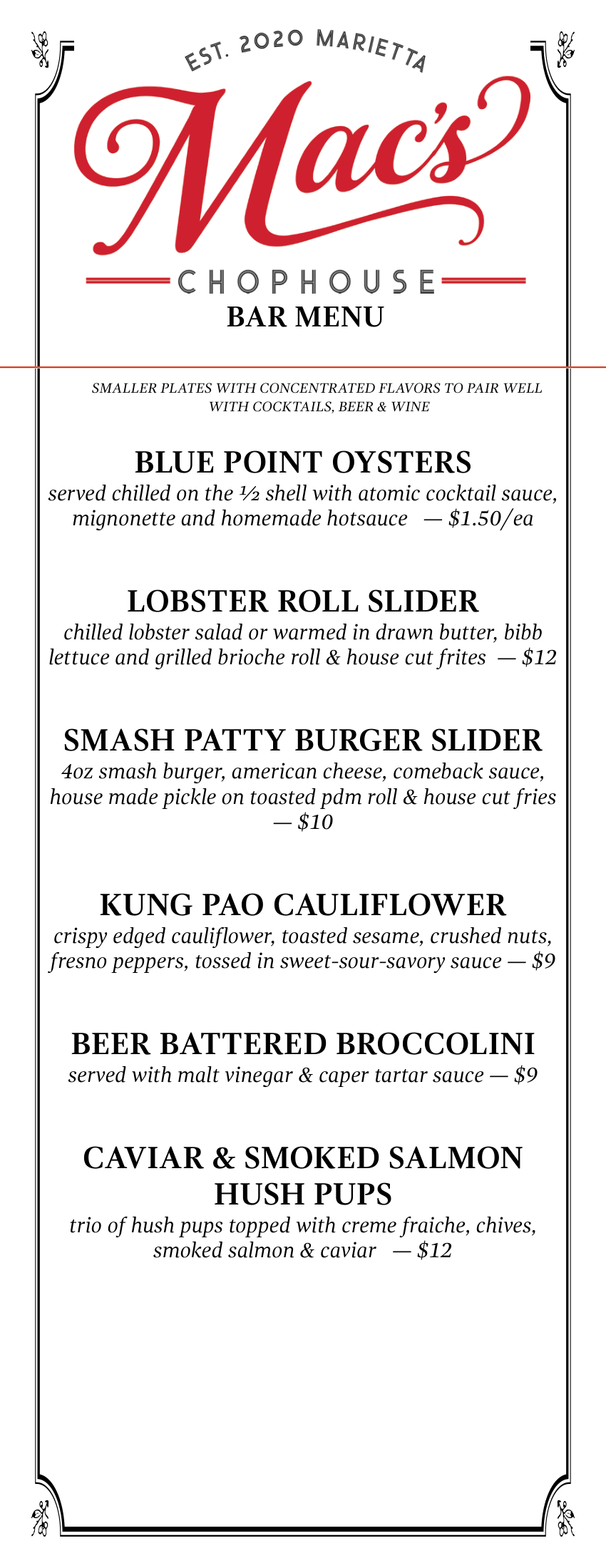 A menu for a restaurant called mac 's chophouse