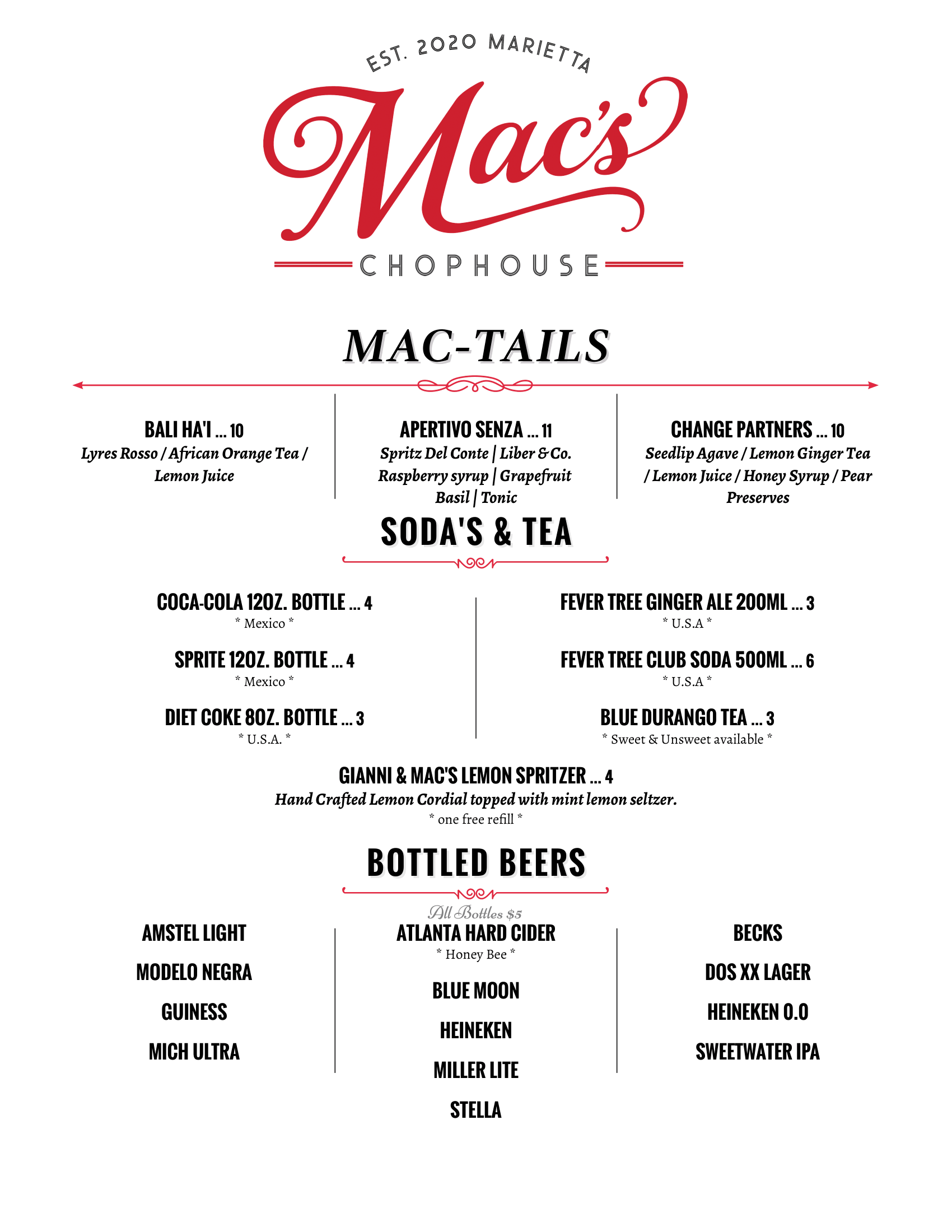 A menu for a restaurant called mac 's trophy house.