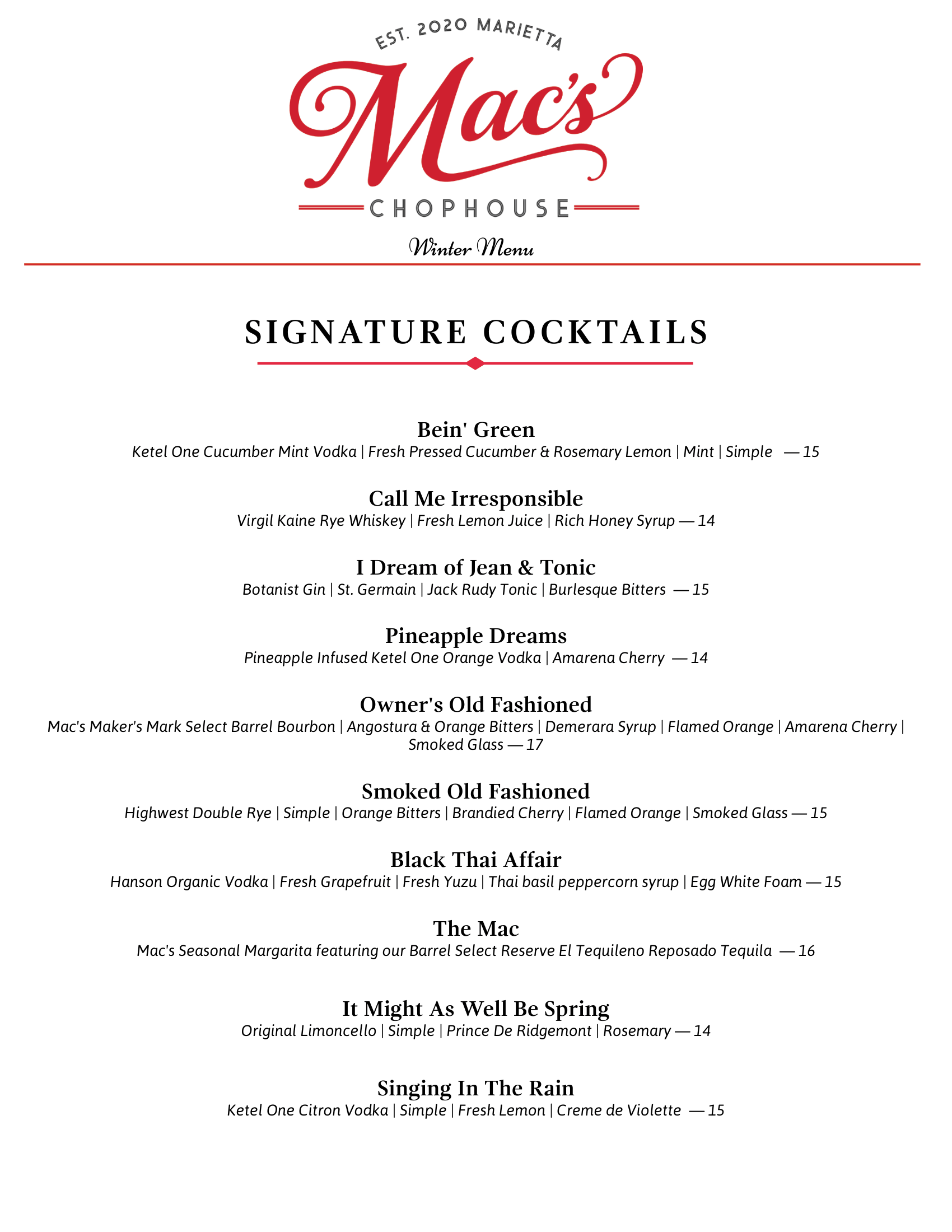 A menu for mac 's restaurant with signature cocktails and holiday cocktails.