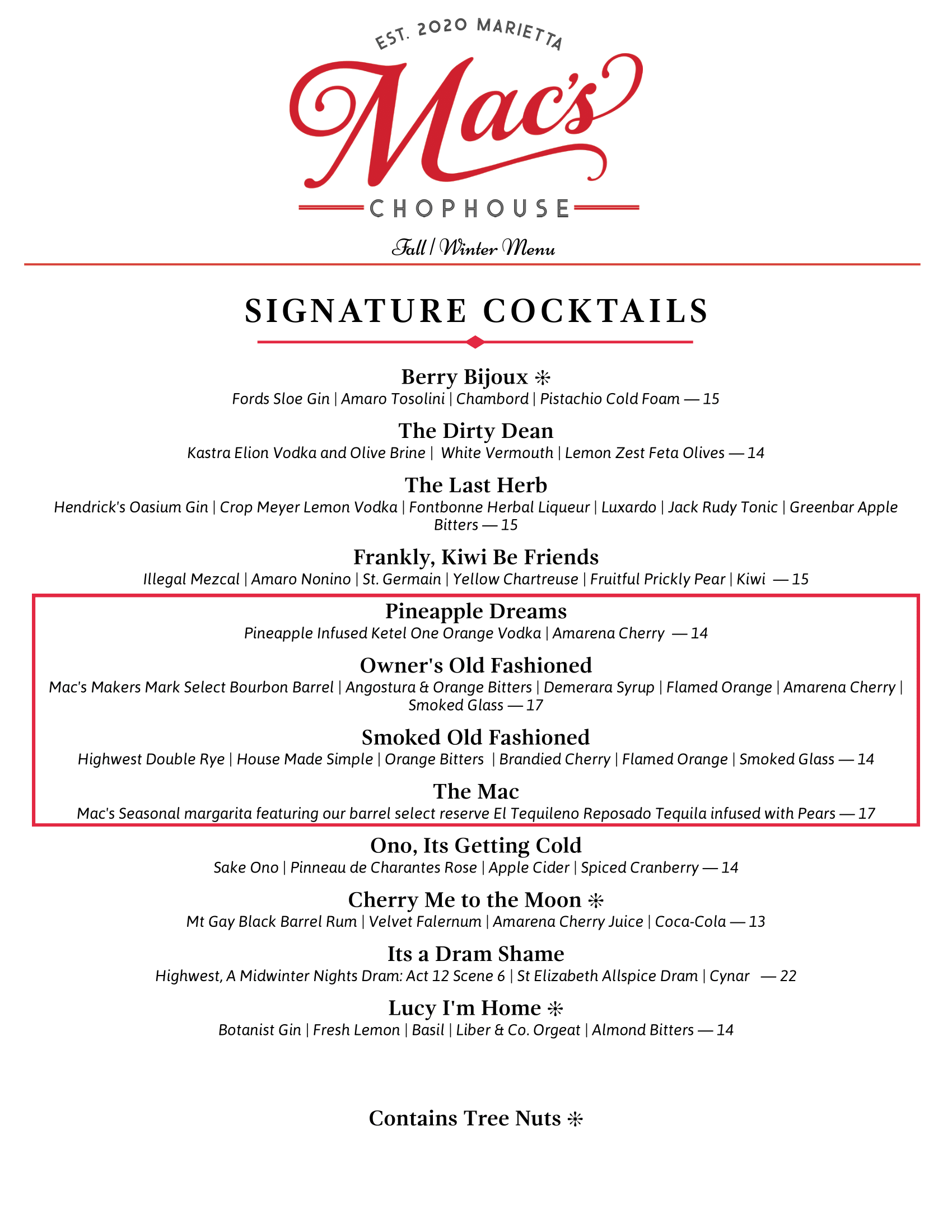 A menu for mac 's restaurant with signature cocktails and holiday cocktails.