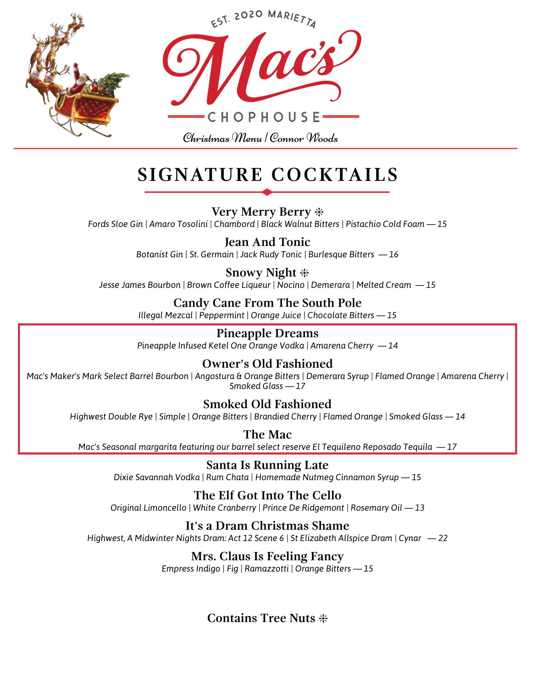 A menu for mac 's restaurant with signature cocktails and holiday cocktails.