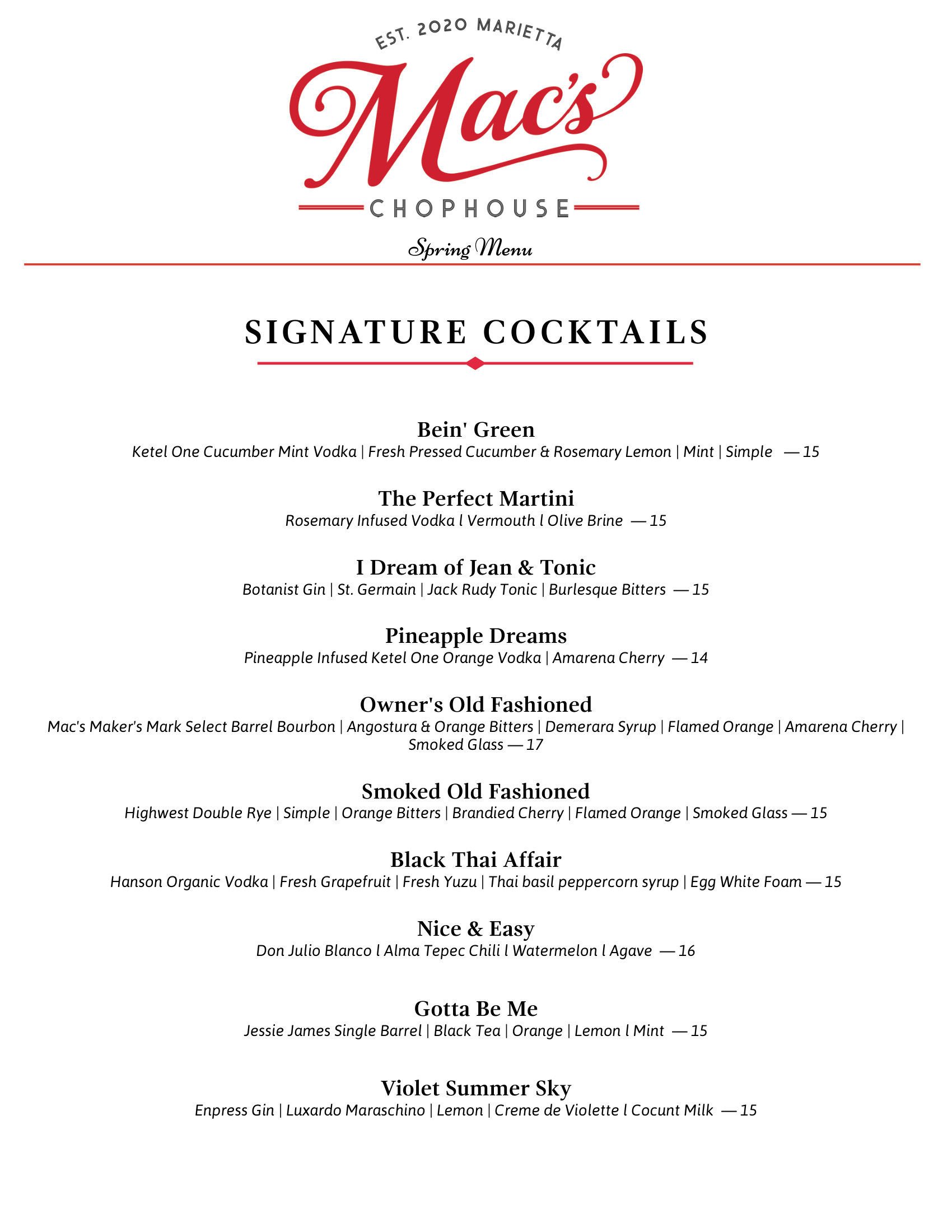 A menu for mac 's restaurant with signature cocktails and holiday cocktails.