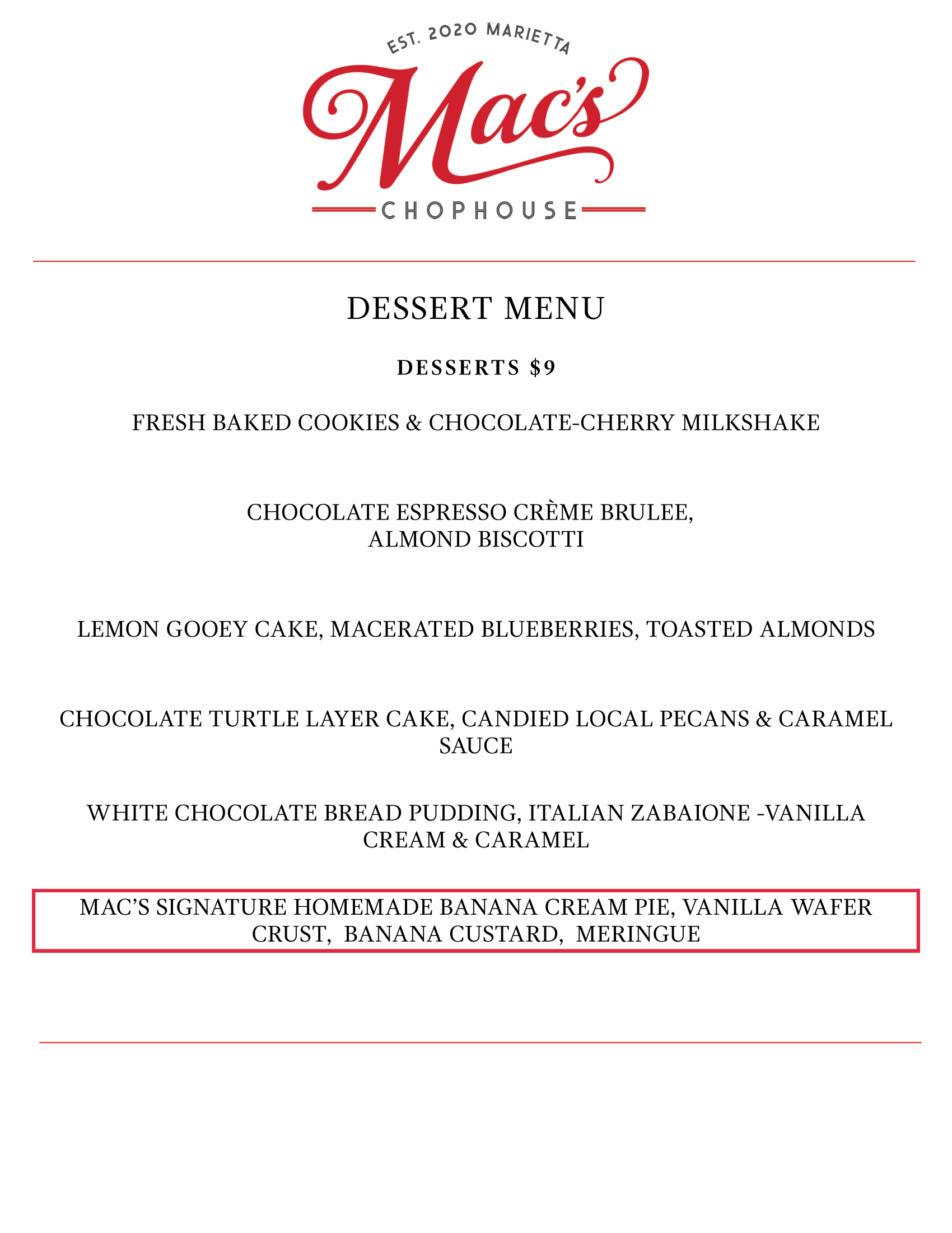 Desserts Marietta Square Dessert Menu Mac's Chophouse