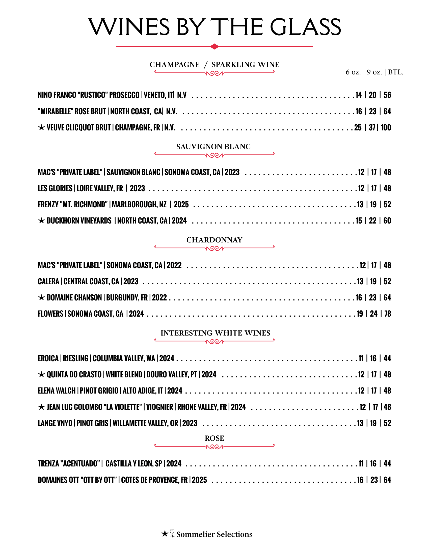 A menu for wines by the glass with a list of wines.