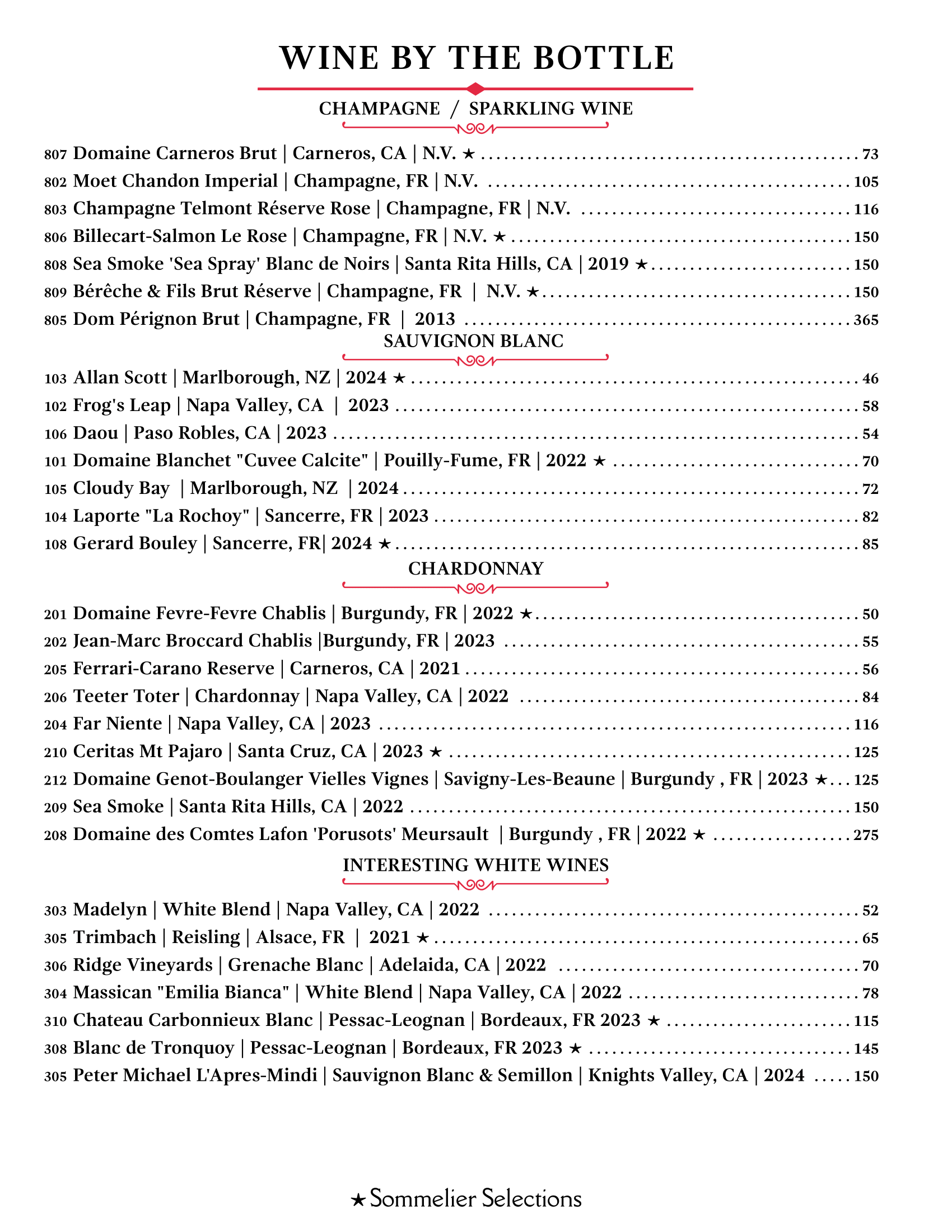 A menu for a restaurant called wine by the bottle.