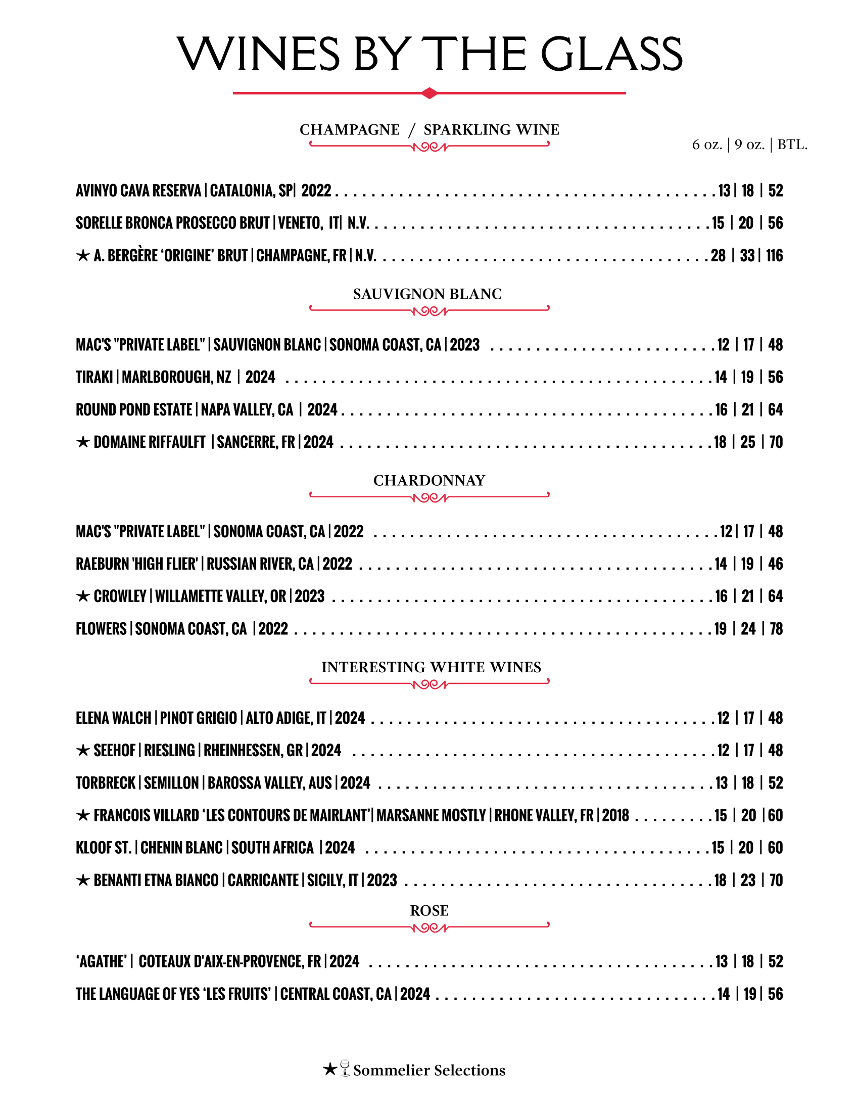 A menu for wines by the glass with a list of wines.