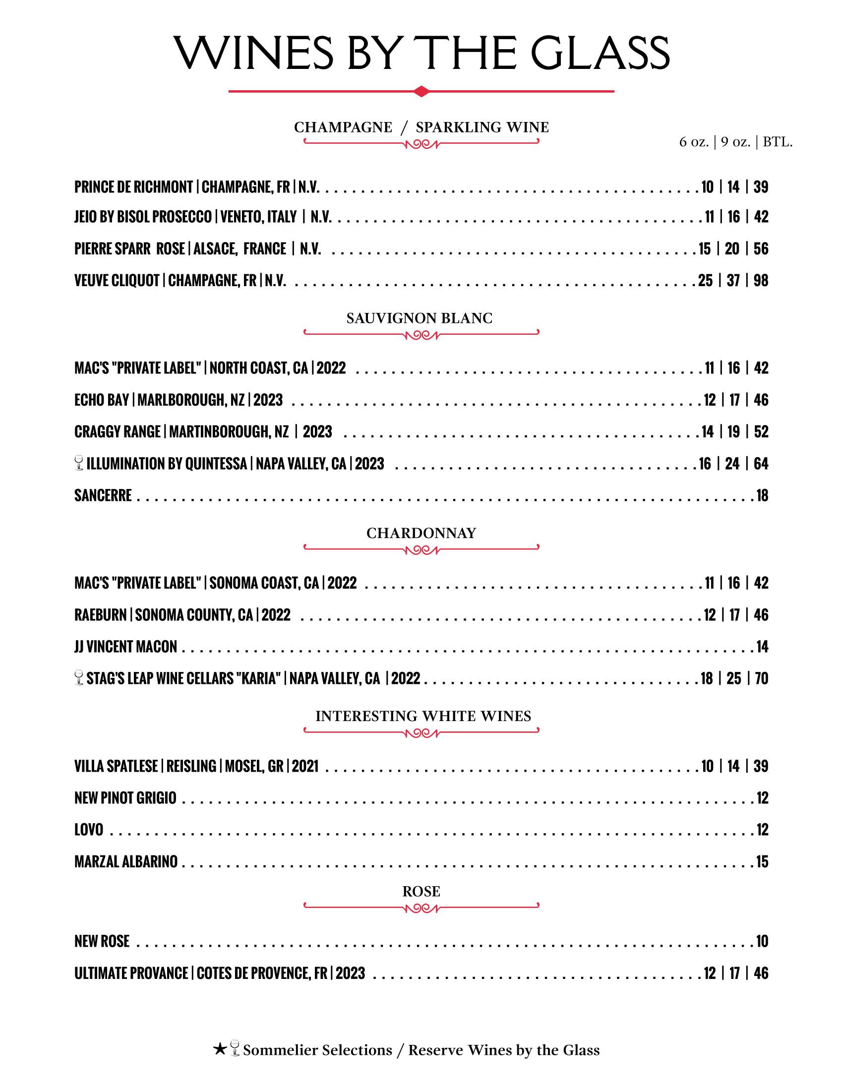 A menu for wines by the glass with a list of wines.