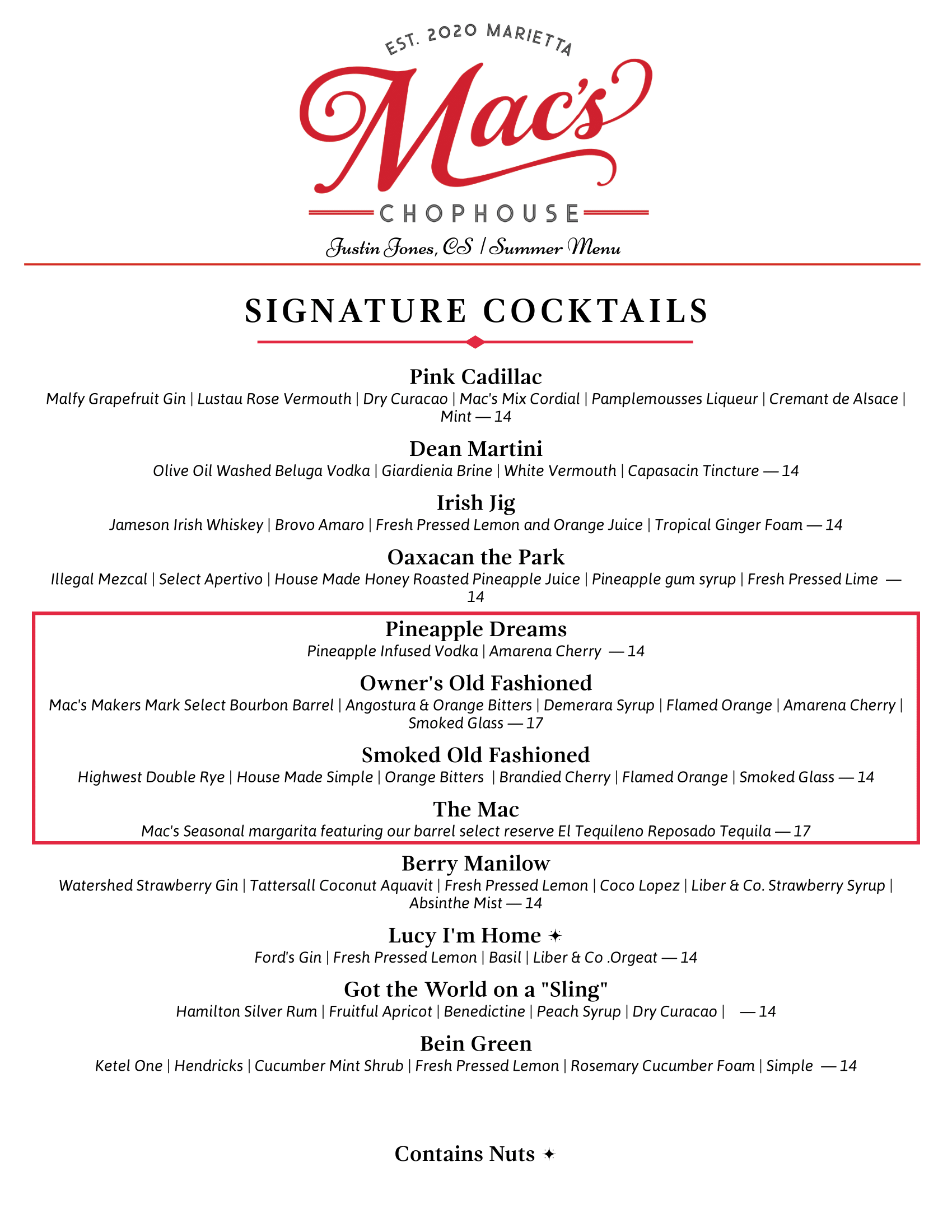 A menu for mac 's restaurant with signature cocktails and holiday cocktails.