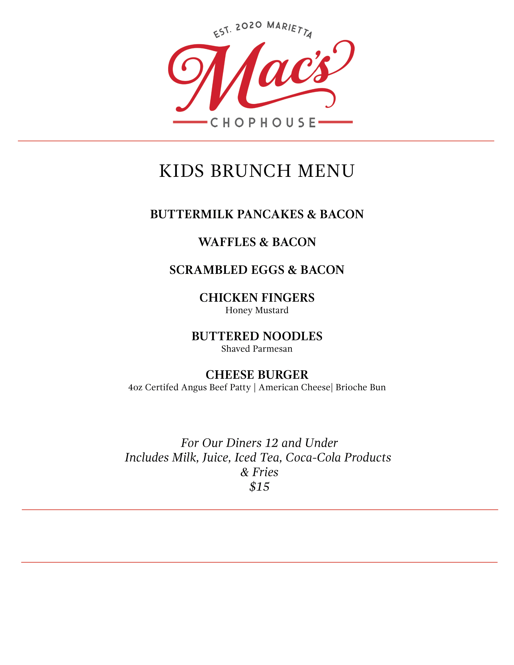 A menu for mac 's restaurant is shown on a white background.