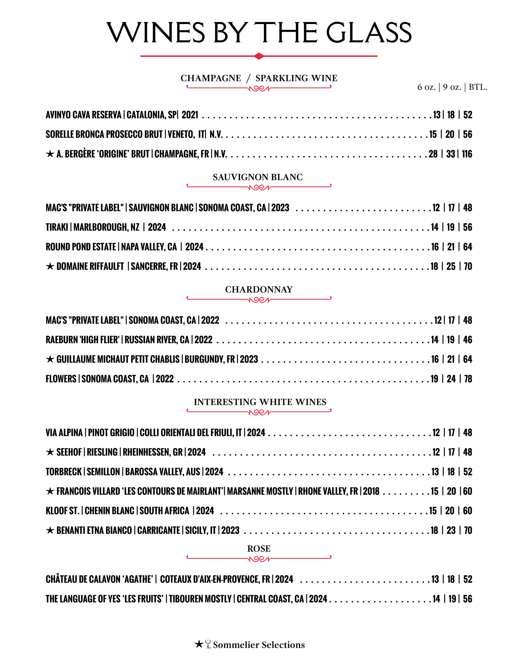 A menu for wines by the glass with a list of wines.