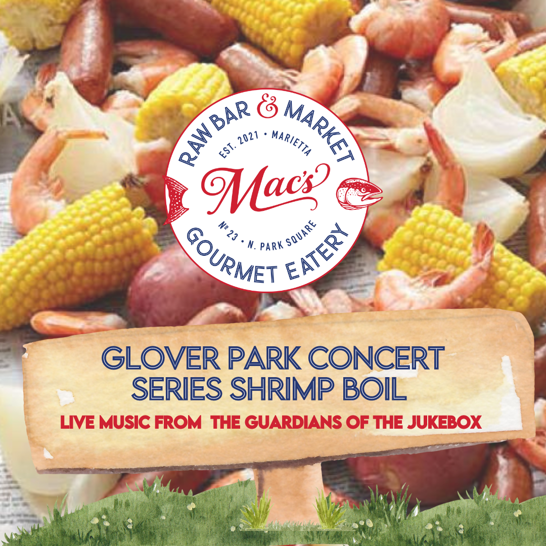 A poster for mac 's gourmet eatery shows shrimp and corn on the cob