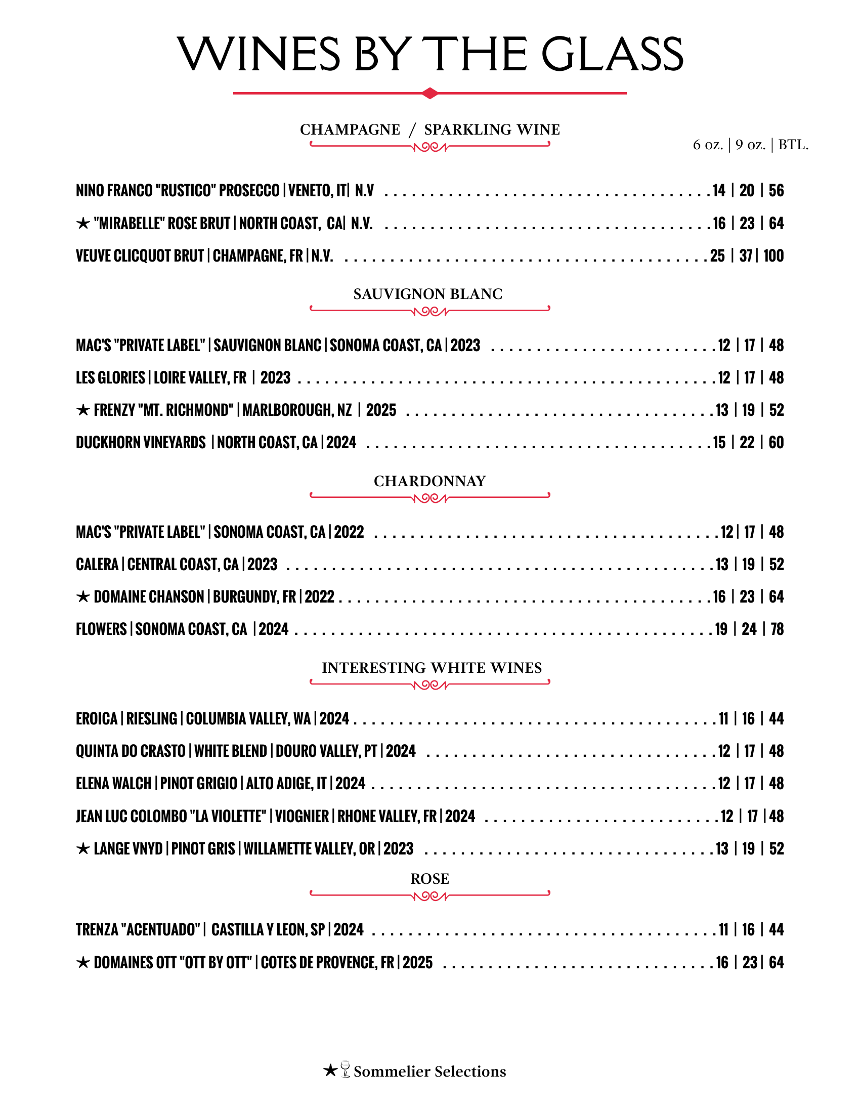 A menu for wines by the glass with a list of wines.