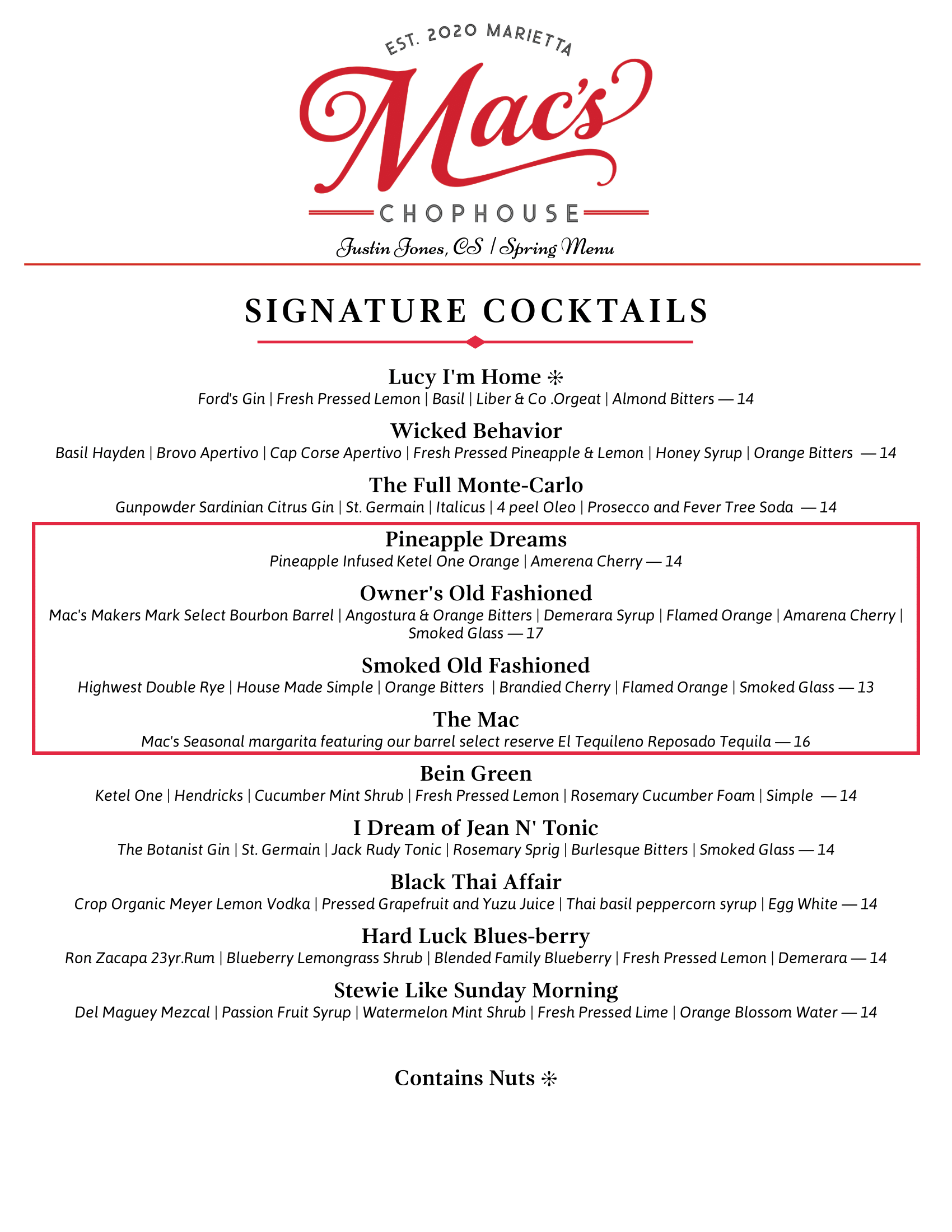 A menu for mac 's restaurant with signature cocktails and holiday cocktails.