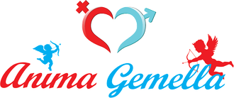 Logo per Anima Gemella con cuori rossi e blu e silhouette di bambini