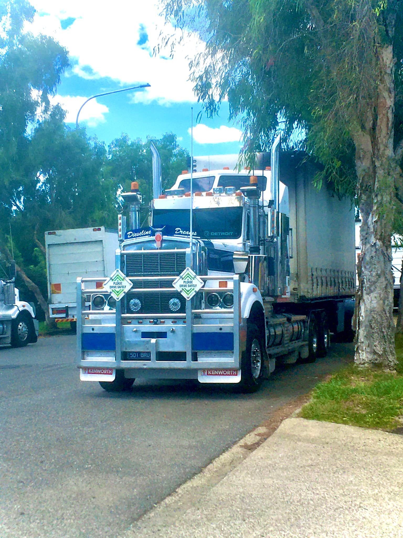 White Semi-truck With Bull Bar, Parked Next to a Tree, Under a Cloudy Sky — Supertilt Brisbane In North Lakes, QLD