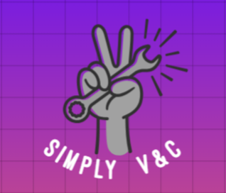 Hand with peace sign holding wrench, sparks, "SIMPLY V&C" text on purple gradient grid background.