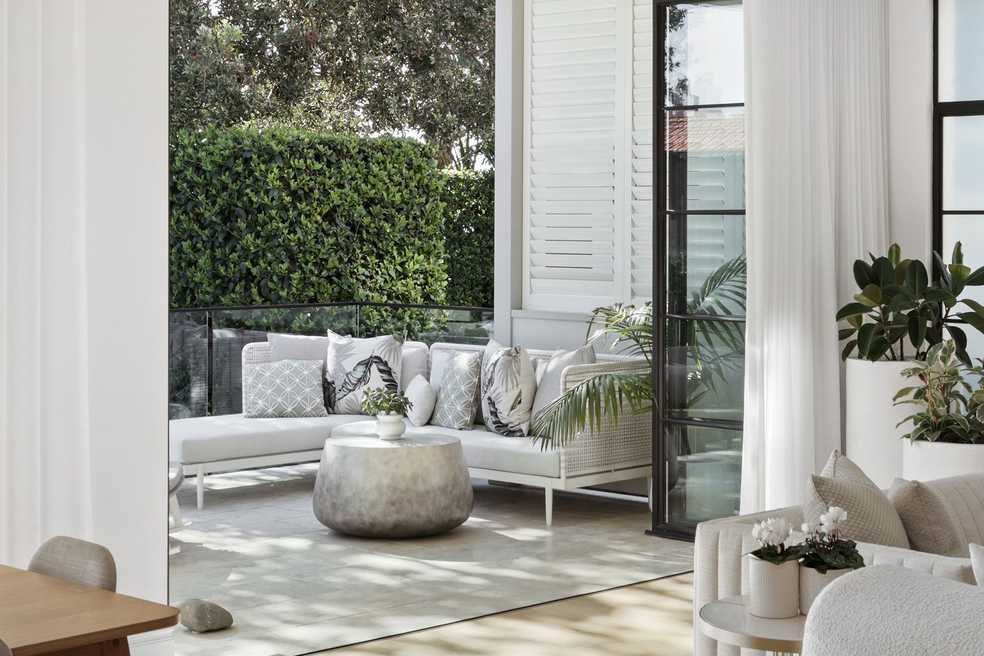 A living room with a couch , table , chairs and plants. Mosman.