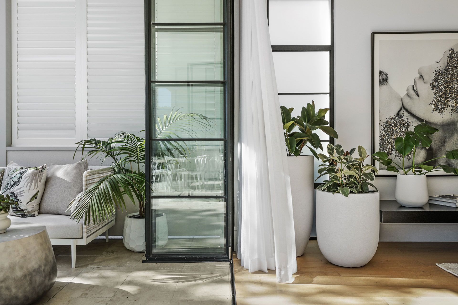 A living room filled with furniture and potted plants. Mosman