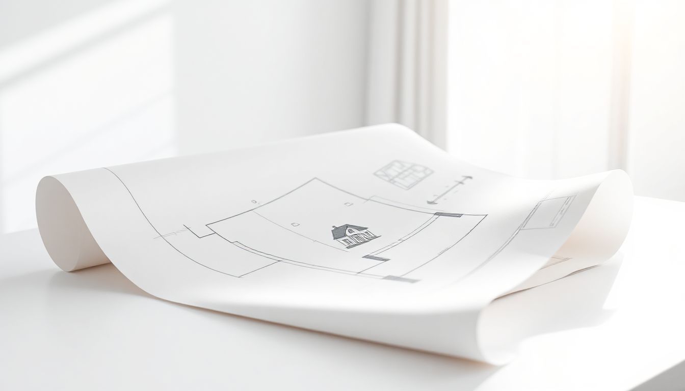 Architectural blueprints rolled up on a white windowsill with natural light.