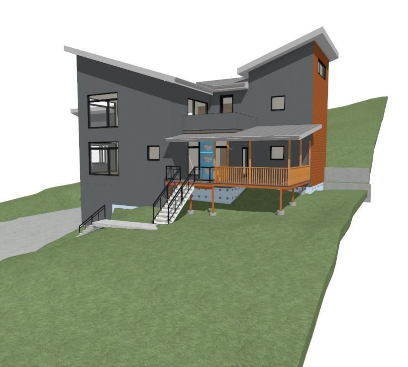 A 3d model of a house with a porch and stairs