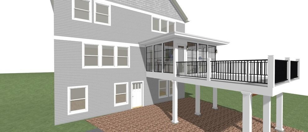 A computer generated image of a house with a deck.