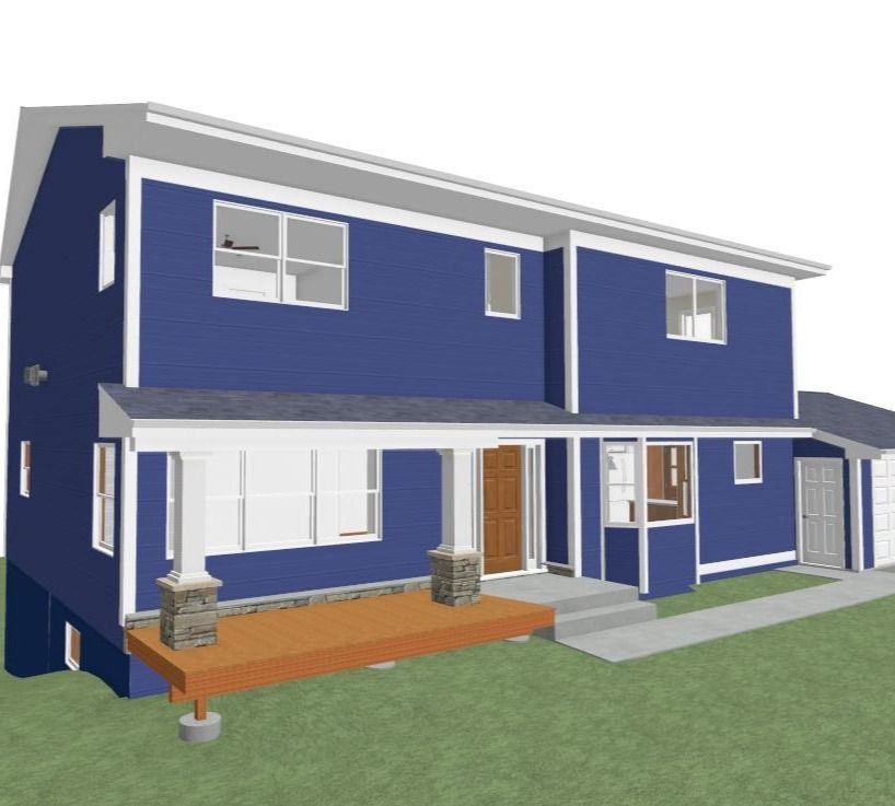 A blue house with a wooden deck in front of it