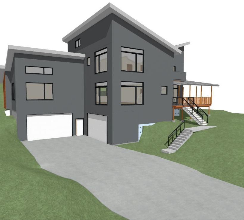 A 3d model of a house with stairs leading up to it