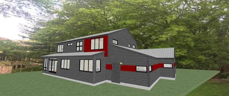 A computer generated image of a house with red trim.