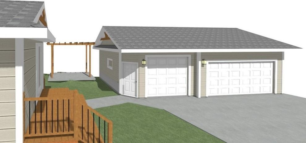 A 3d model of a house with a garage and a deck