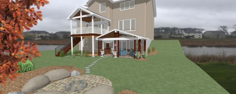 An artist 's impression of a house with a large lawn and a lake in the background.