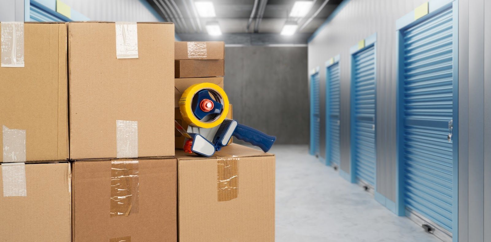 Boxes being taped in a storage unit hallway with several blue storage doors.