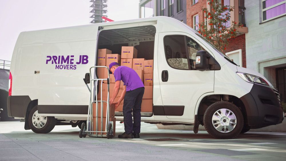 A man is loading boxes into a white van.