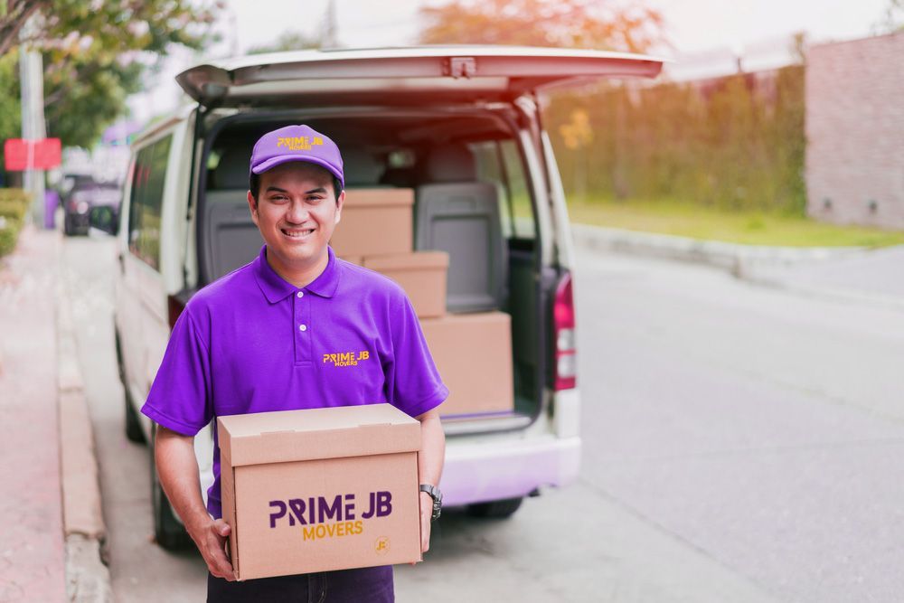 A man in a purple shirt is holding a box in front of a van.